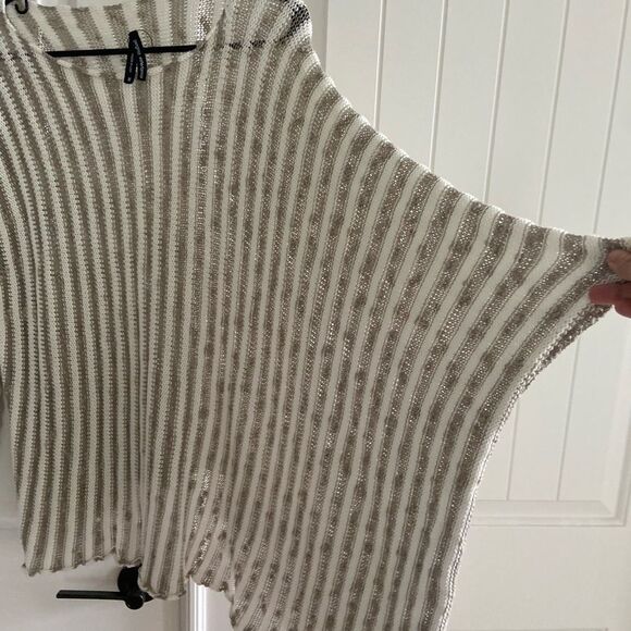 Georgina Estefania LINEN/COTTON LOOSE WEAVE STRIPE asymmetrical ARM top M - Picture 4 of 16